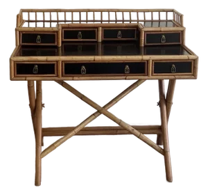 1960s Campaign Faux Bamboo & Black Lacquer Writing Desk, Attributed to E. Murio