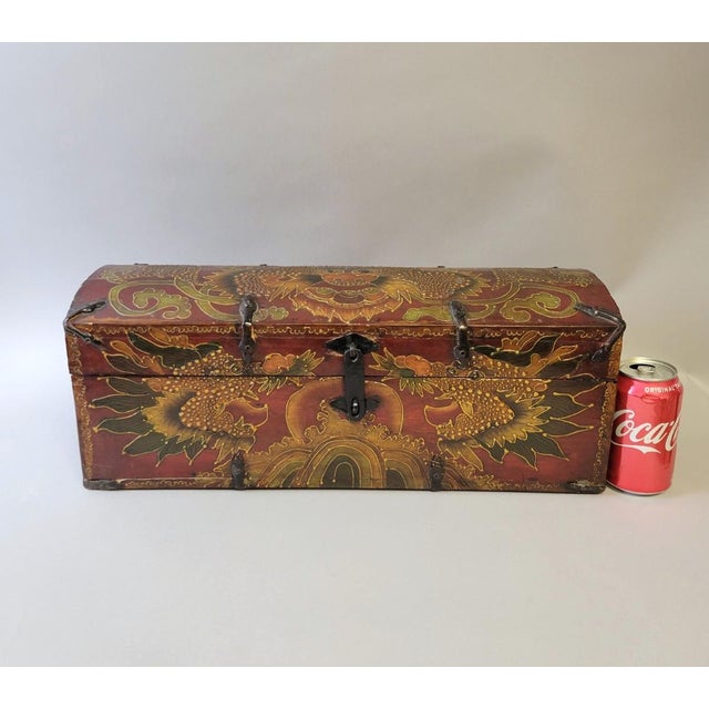 Folk Art Tibetan Manuscript Box— Hand-Painted, With Red Lacquer & Iron Straps— Mid-20th Century For Sale - Image 3 of 8