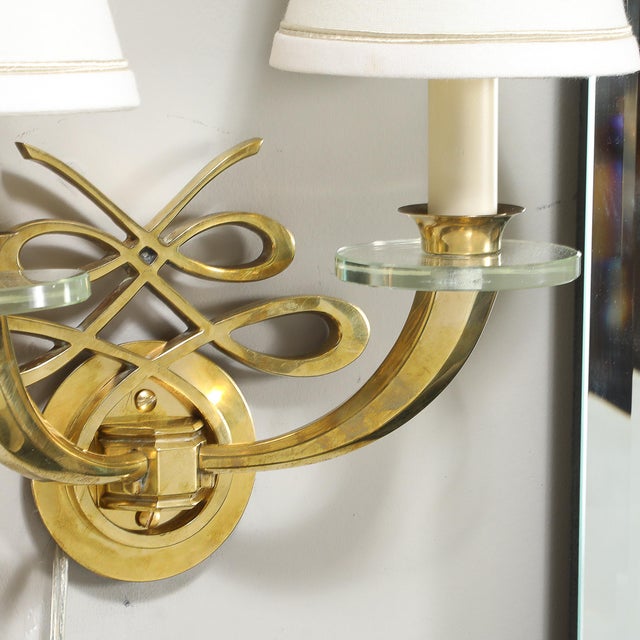 Pair of Art Deco Jules Leleu Polished Brass & Glass Ribbon Sconces For Sale - Image 9 of 12
