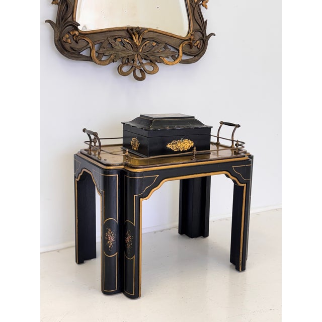 1970s Vintage Regency Style Black Lacquer and Brass Side Table With Chinoiserie Detail For Sale - Image 5 of 16