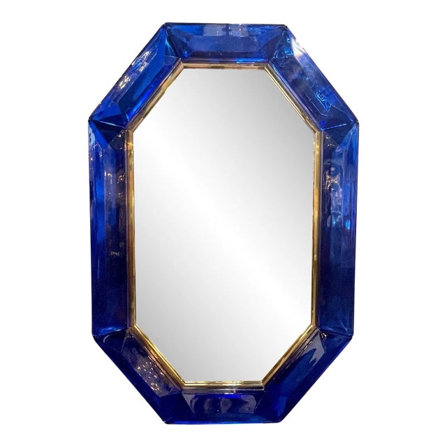 Modern Heavy Cobalt Blue Murano Glass and Brass Octagonal Mirror For Sale
