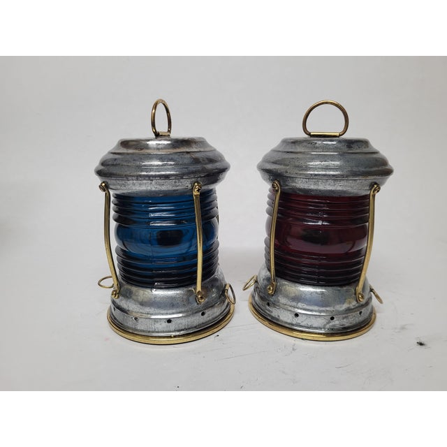 Pair of Red and Blue Lens Boat Lanterns For Sale In Boston - Image 6 of 10