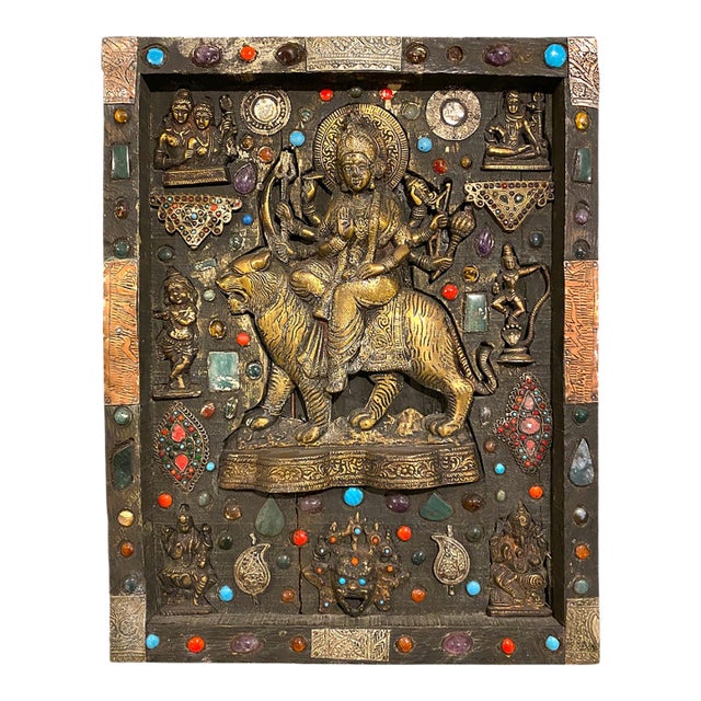 Antique Nepalese Durga Hindu Shrine Brass Wood Stone Inlaid Wall Plaque C1900 For Sale