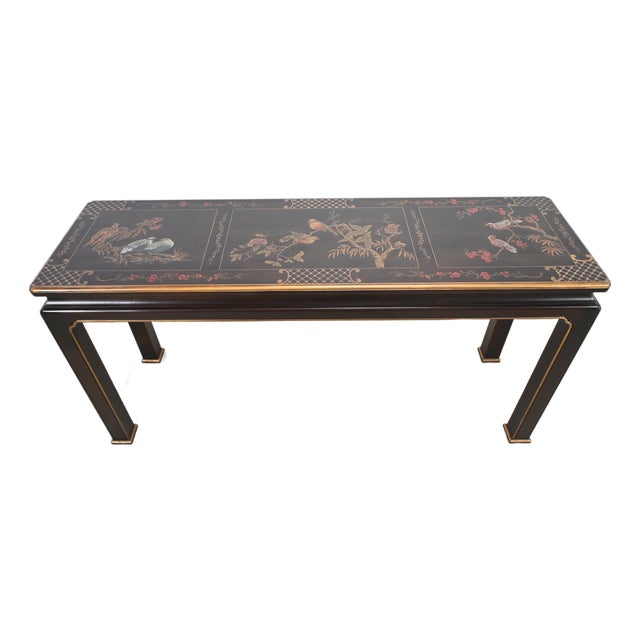Henredon Hollywood Regency Chinoiserie Console Table With Hand-Painted Bird Motif For Sale