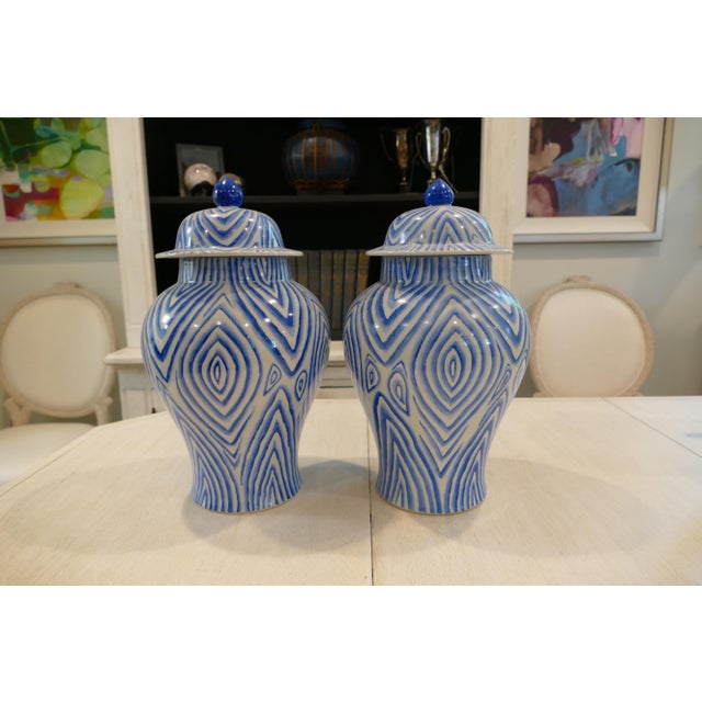Faux Bois Classic Blue & White Ginger Jars - a Pair For Sale - Image 4 of 10
