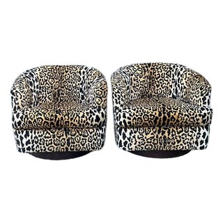Vintage Thayer Coggin Tufted Leopard Velvet Swivel Chairs - A Pair For Sale