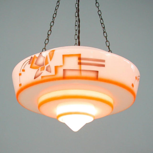 German Art Deco Pendant Lamp in Enameled Glass and Brass, 1930s For Sale - Image 16 of 18
