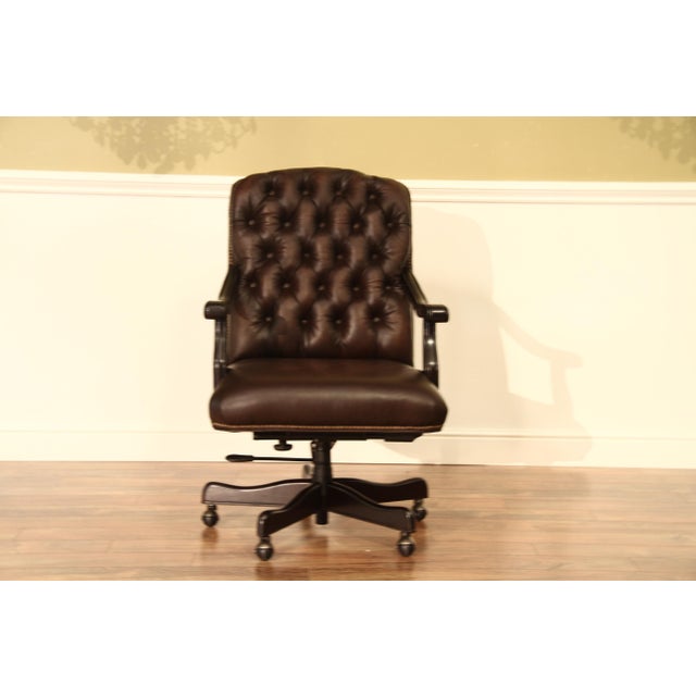 Tufted Brown Leather Executive Swivel Chair With Brass Nailhead Trim and Casters For Sale - Image 4 of 17