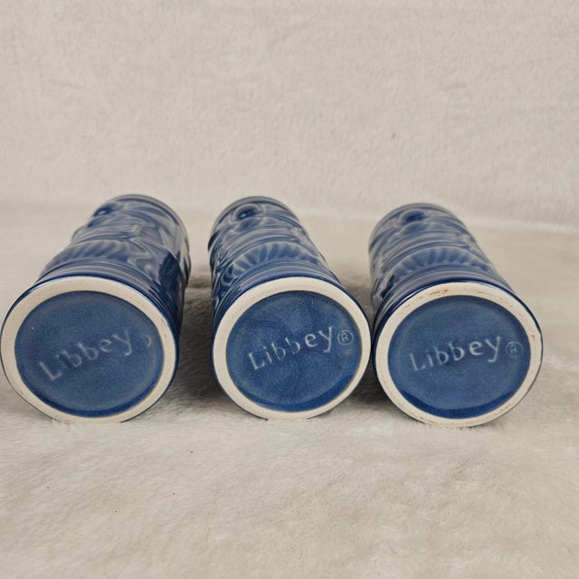 Libbey Glass Co. 1970s Hollywood Regency Libbey Blue Ceramic Tiki Mugs - Set of 3 For Sale - Image 4 of 10