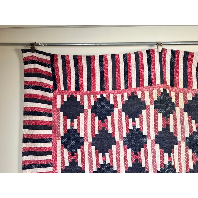 Matching Pair of Antique American Patriotic Hand Quilted Log Cabin Quilts C. Early 20th Century For Sale - Image 4 of 13