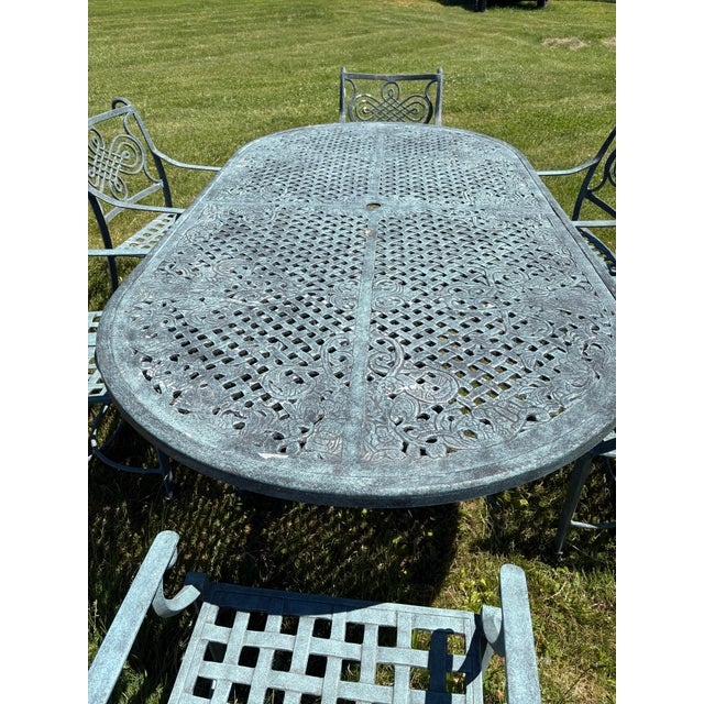 Handsome Cast Aluminum Garden Table With Six Chairs For Sale - Image 4 of 11