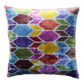 Contemporary Turkish Multi Colors Velvet Silk Ikat Pillow For Sale