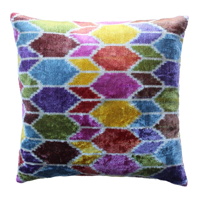 Contemporary Turkish Multi Colors Velvet Silk Ikat Pillow For Sale
