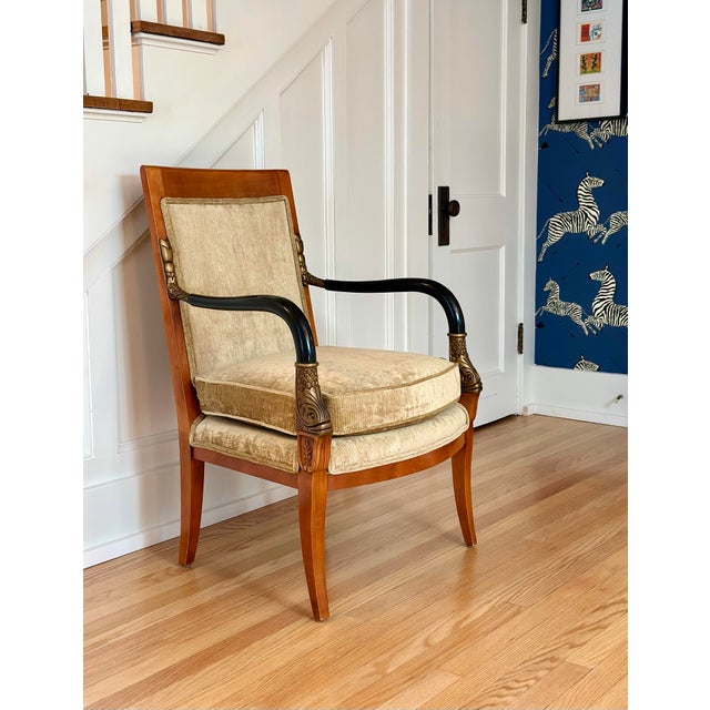 Neoclassical Late 20th Century Neoclassical Style Armchair in Champagne Chenille Velvet With Gilt Fish Motifs For Sale - Image 3 of 16