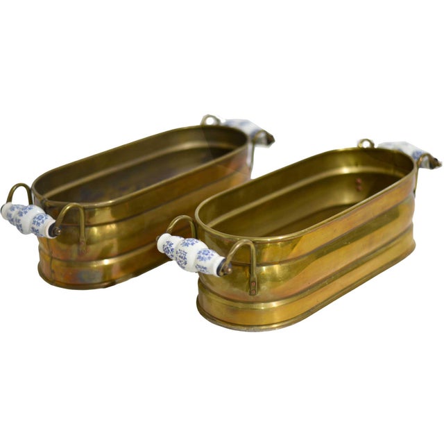 Vintage Brass Herb Planters With Blue & White Ceramic Handles - A Pair For Sale - Image 12 of 12