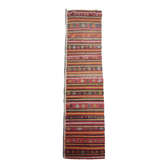 1970s Vintage Handmade Wool Cotton Red Runner Rug For Sale