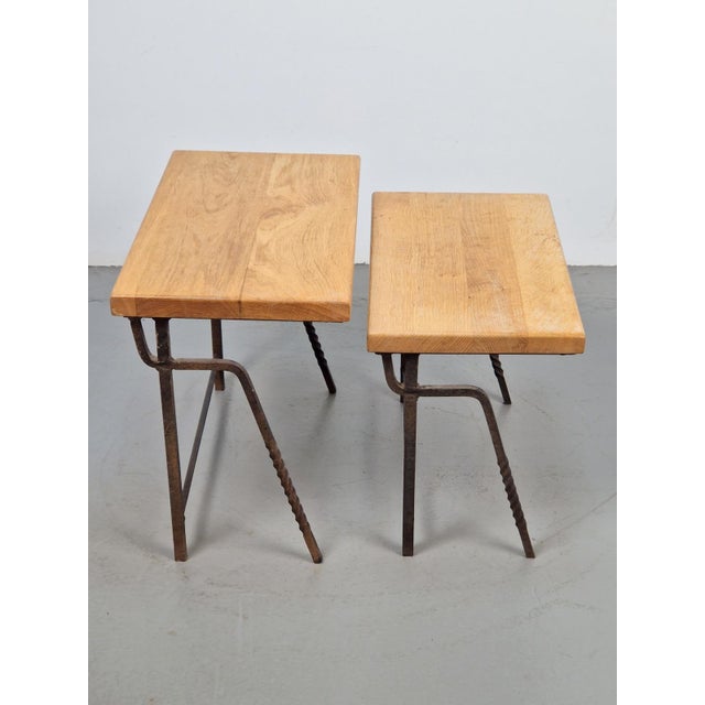Brutalist Cast Iron and Oak Nesting Tables, 1970s, Set of 2 For Sale - Image 6 of 16