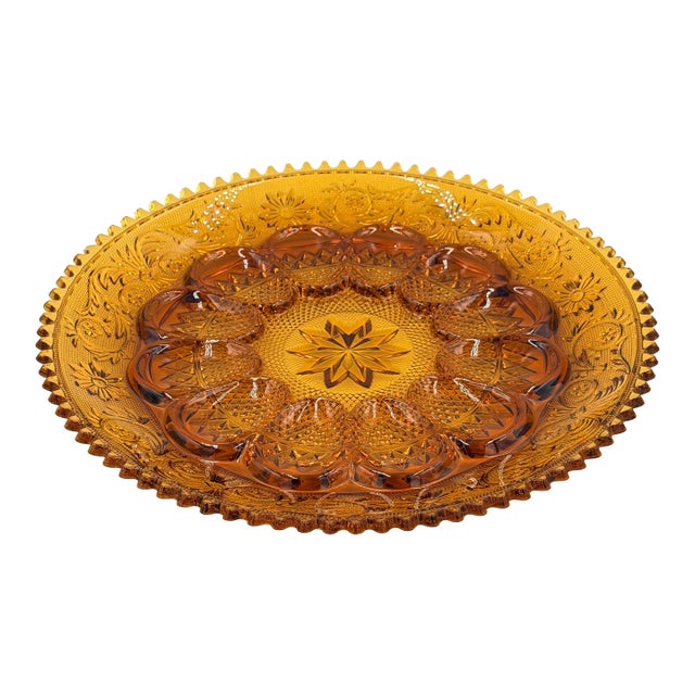1960s Indiana Sandwich Glass Tiara Amber Deviled Egg Serving Platter Sawtooth Rim 12" For Sale