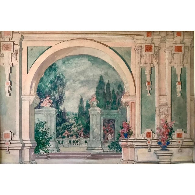 Neoclassical Antique Italian Neoclassical Architectural Garden Courtyard Watercolor Painting For Sale - Image 3 of 7