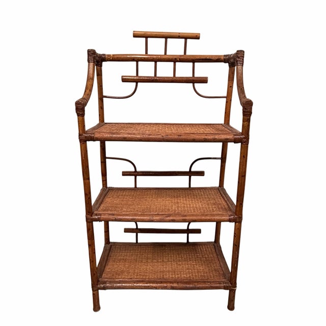 Chinoiserie Vintage Petite Pagoda Rattan and Seagrass Bookcase Etagere For Sale - Image 3 of 10