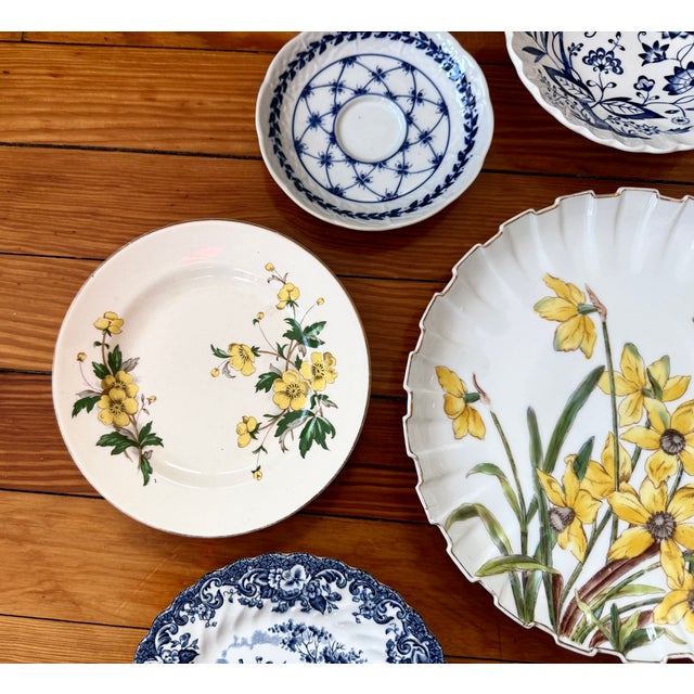 Victorian Blue and Yellow Antique Wall Plate Decor - Set of 9 For Sale - Image 3 of 16
