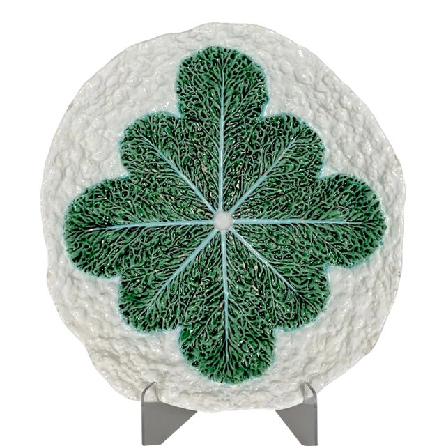 1960s Majolica Cabbage Leaf, Rustic Large Decorative Platter For Sale