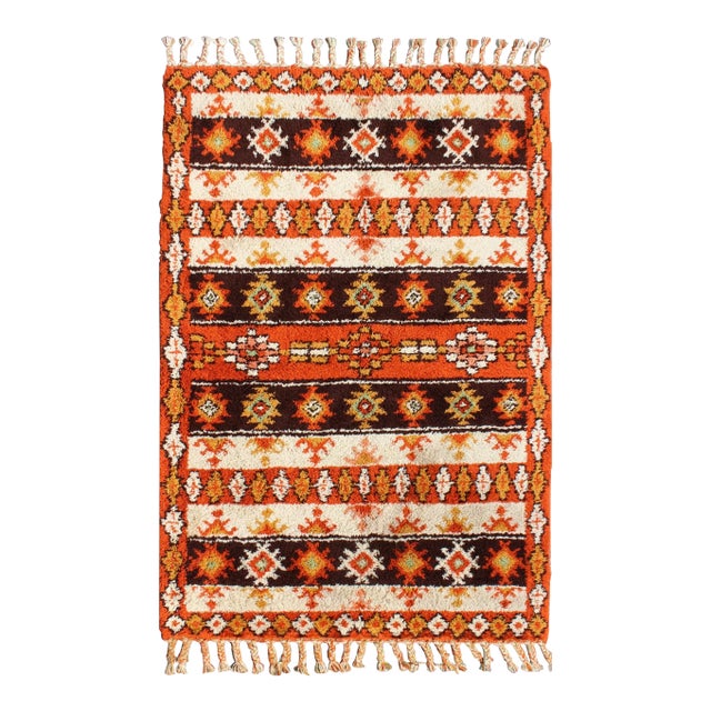 Vintage Moroccan Rug With Stripes & Tribal Design in Orange, D. Brown, Ivory For Sale
