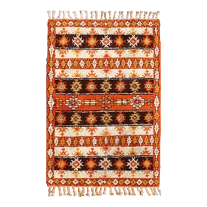 Vintage Moroccan Rug With Stripes & Tribal Design in Orange, D. Brown, Ivory