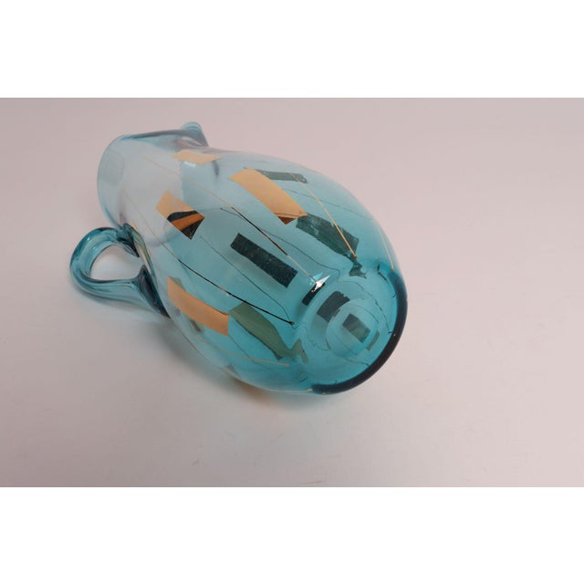 Vintage Hungarian Hand Blown Blue Crystal Glass Pitcher With Gold Leaf Accents For Sale In New York - Image 6 of 15