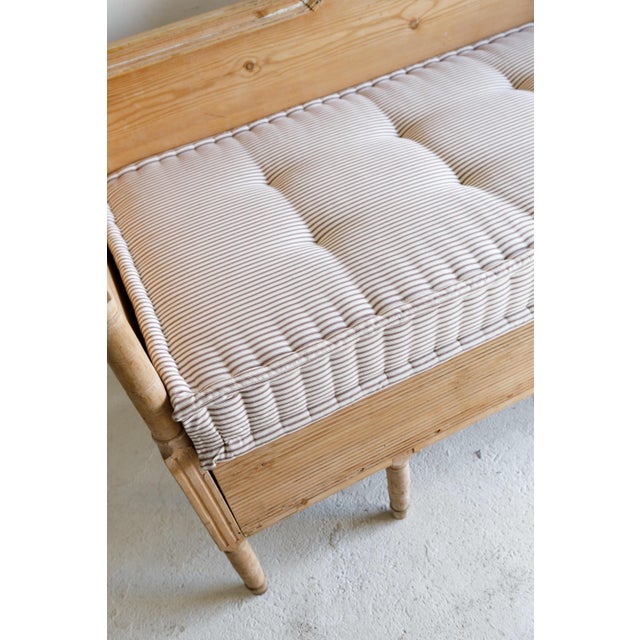 Late 19th Century 19th C Swedish Bench, Custom Ian Mankin Ticking Stripe French Mattress For Sale - Image 5 of 11