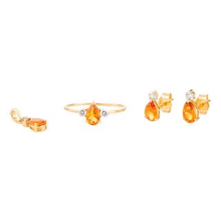 Dainty Citrine Diamond Earring Ring Pendant Set in 18k Gold- 4 Pieces For Sale