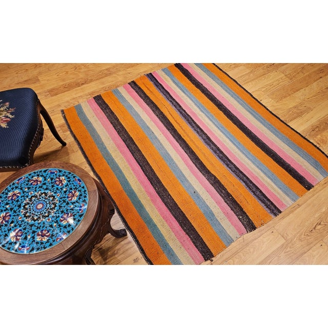 Vintage Turkish Sofreh Kilim, Flat-Woven Wool, Stripe Pattern, Yellow & Green, 5x5 For Sale - Image 9 of 11