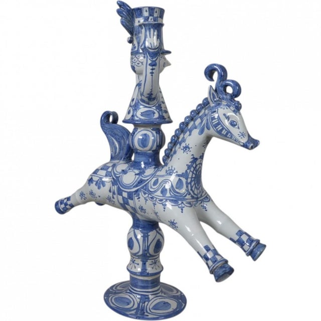 Bjørn wiinblad (1918-2006). Large ceramic candelabra in the shape of a rider, decorated with blue underglaze, for three...