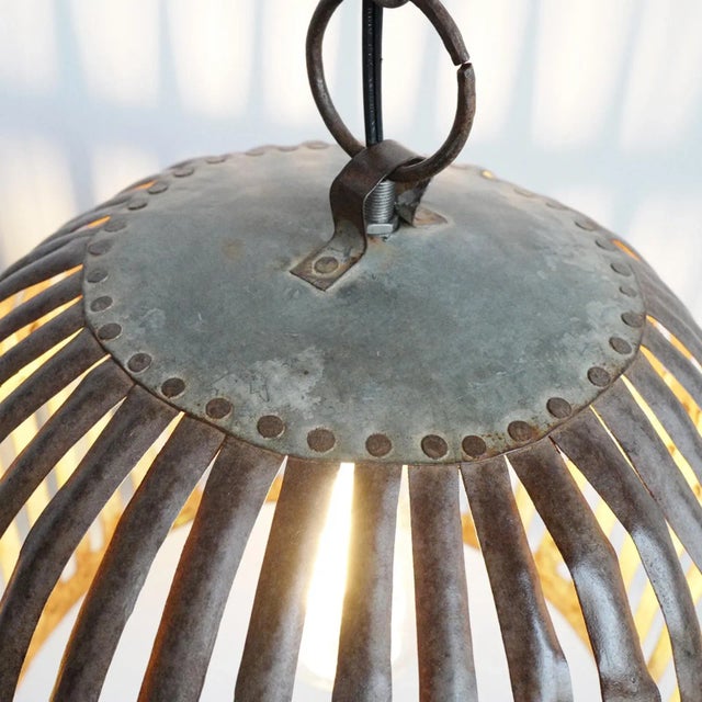 Mid 20th Century Industrial Vintage Green Iron Basket Cage Pendant Light For Sale - Image 5 of 8