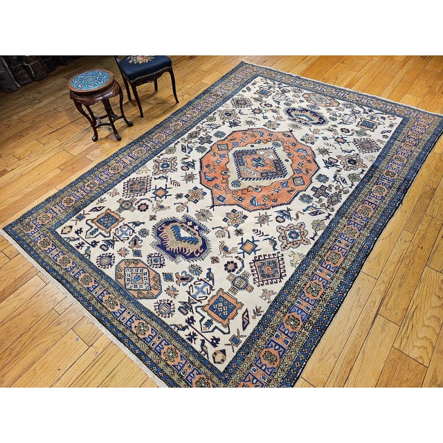 19th Century Vintage Persian Ardabil Rug, Hand-Knotted Wool, Geometric Pattern, Ivory & Brick, 8x11 For Sale - Image 5 of 16