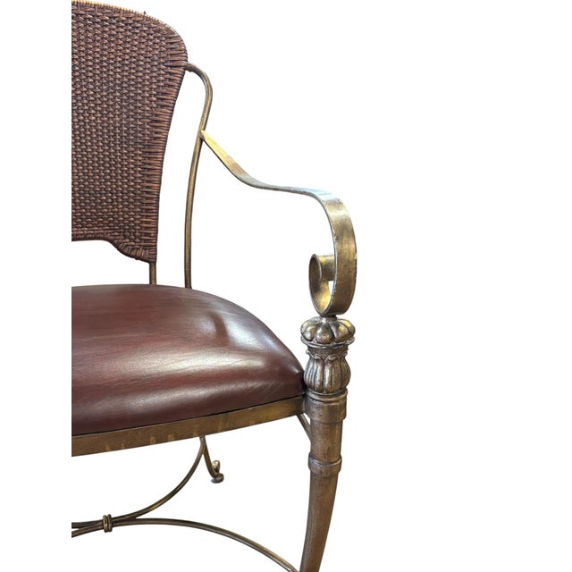 Vintage Maitland-Smith Bronze Finish Metal Armchair With Cane Back and Leather Seat For Sale - Image 9 of 10