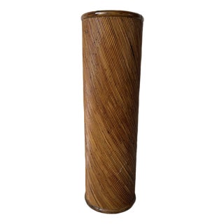 1970s Vintage Boho Chic Pencil Reed & Wood Cylindrical Pedestal Plant Stand For Sale