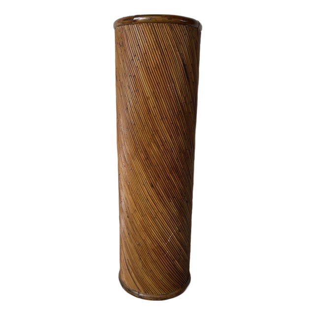 1970s Vintage Boho Chic Pencil Reed & Wood Cylindrical Pedestal Plant Stand For Sale