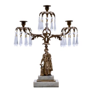 18th Century Cast Brass Three Candle Crystal Girandole on Marble For Sale