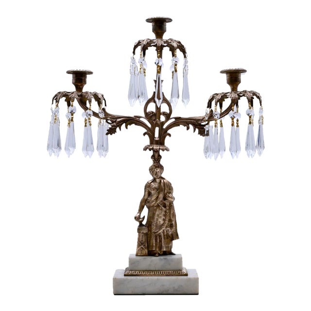 18th Century Cast Brass Three Candle Crystal Girandole on Marble For Sale