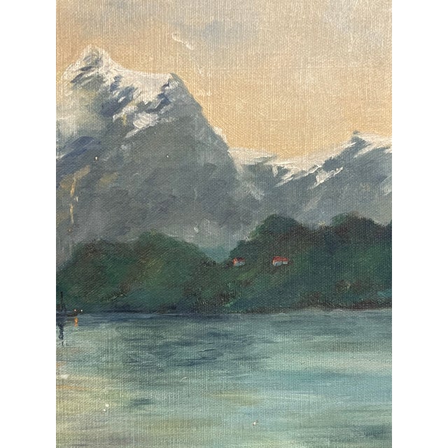 Blue Vintage Framed Mountain Landscape Painting, Snow-Capped Peaks at Sunset, Mid-Century Scenic Wall Art. For Sale - Image 8 of 9