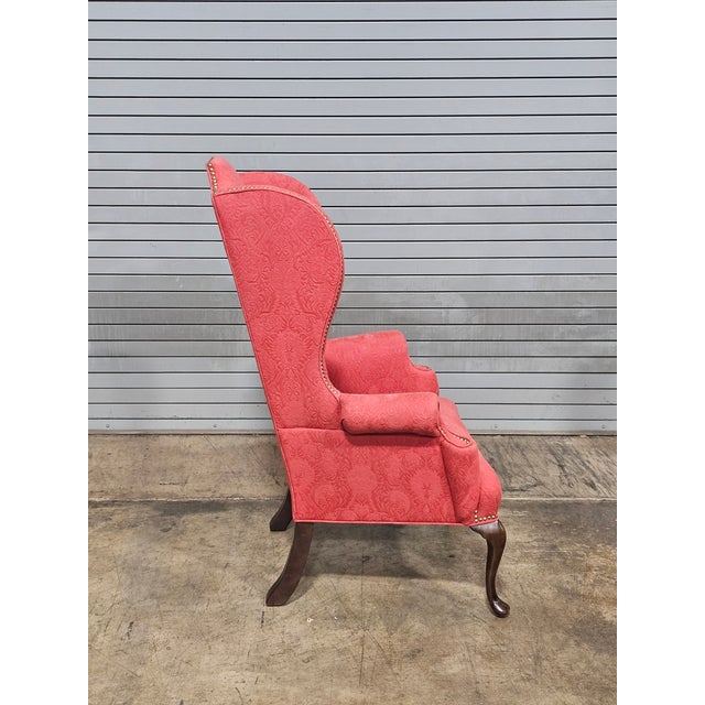Queen Anne Baker Mahogany Queen Anne Style Wing Chair Damask Needlepoint Fabric For Sale - Image 3 of 10