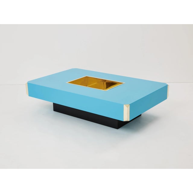 Mid-Century Modern Willy Rizzo Blue Lacquer and Brass Bar Coffee Table Alveo 1970s For Sale - Image 3 of 12