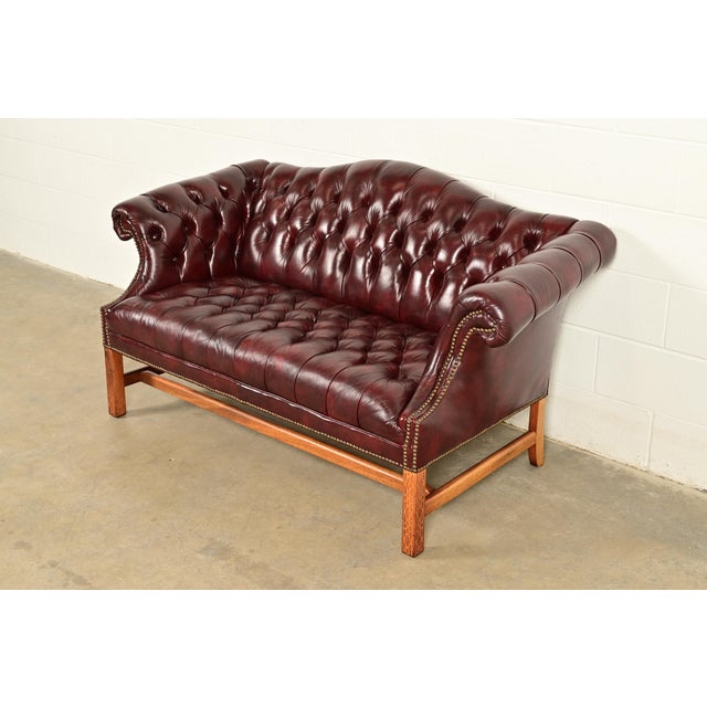 Wood Hancock and Moore Style Vintage Chippendale Tufted Oxblood Leather Camelback Chesterfield Sofa, Circa 1980s For Sale - Image 7 of 14