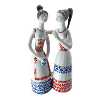 Vintage MCM Hollohaza Hungary Porcelain Whispering Sisters Folk Figurine For Sale