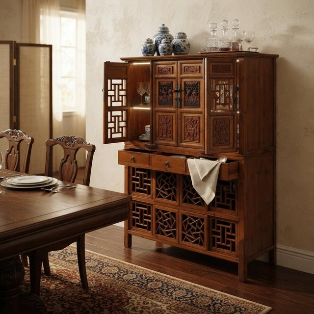 Brown Chinese Brown Open Panel Relief Carving Storage Stack Cabinet For Sale - Image 8 of 10