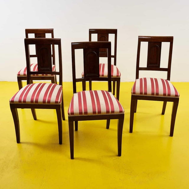 Wood Wooden Chairs with Striped Seats, Early 1900s, Set of 5 For Sale - Image 7 of 7