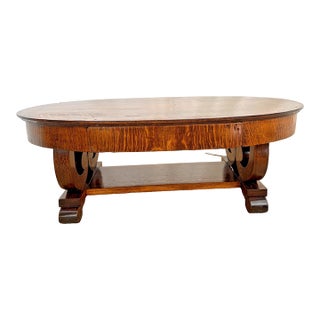 Antique Oval Coffee Table Tiger Oak Center Drawer Shelf American Empire Style For Sale