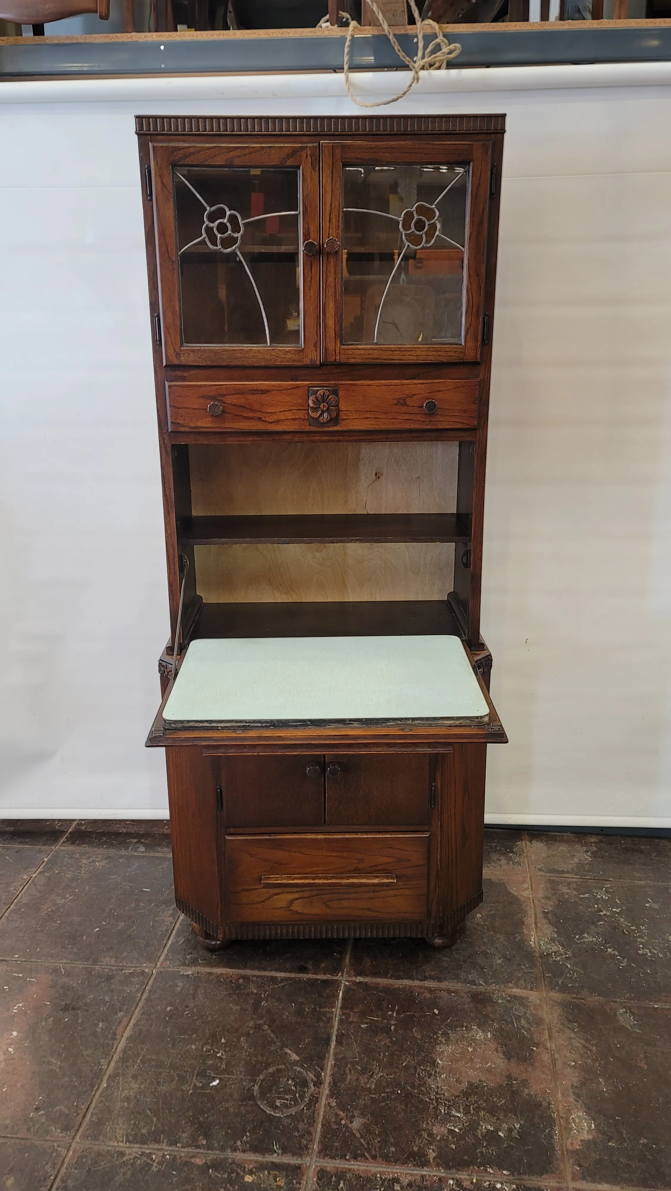 Antique Maidsaver Lusty Hoosier Kitchen Cabinet Carved Oak With