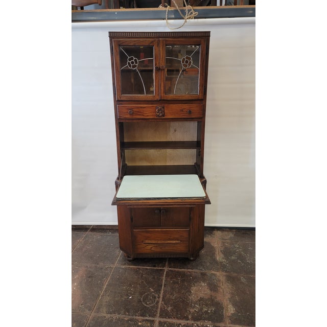 Art Deco Antique Maidsaver Lusty Hoosier Kitchen Cabinet Carved Oak With Stained Glass Doors For Sale - Image 3 of 12